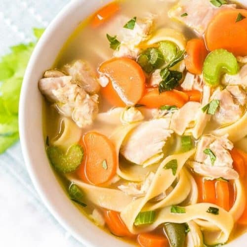 Turkey noodle soup made with leftover dry turkey