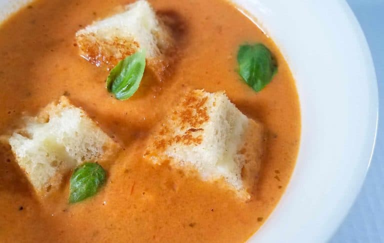 Tomato Bisque With Grilled Cheese Croutons