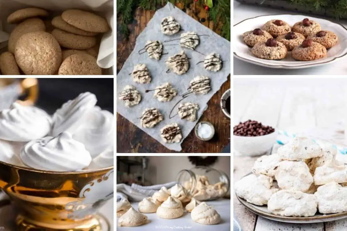 a list of meringue cookie recipes that can all be made without cream of tarter the image showcases 6 different meringue cookies