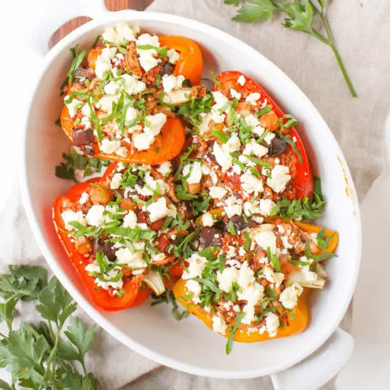 stuffed orange bell peppers with chicken and feta cheese