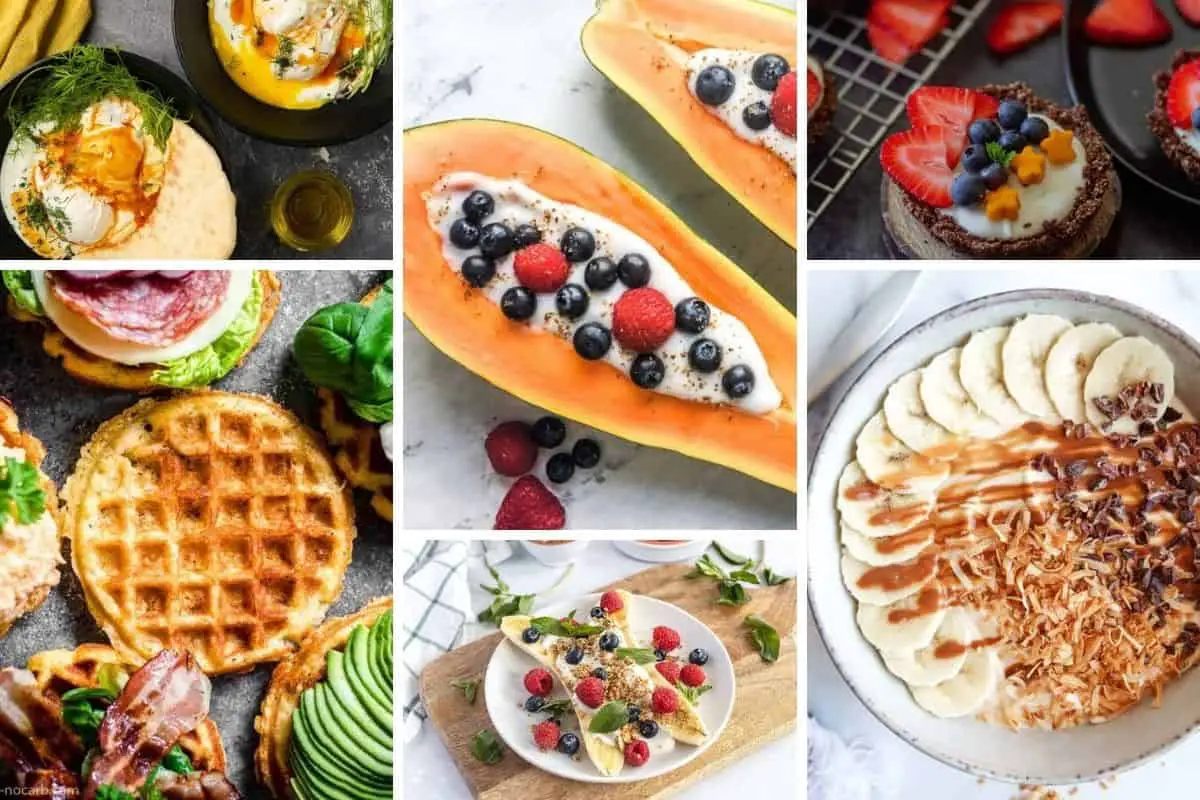 six different greek yogurt breakfast recipe ideas including waffles, yogurt bowls, banana split, and savory egg dishes.