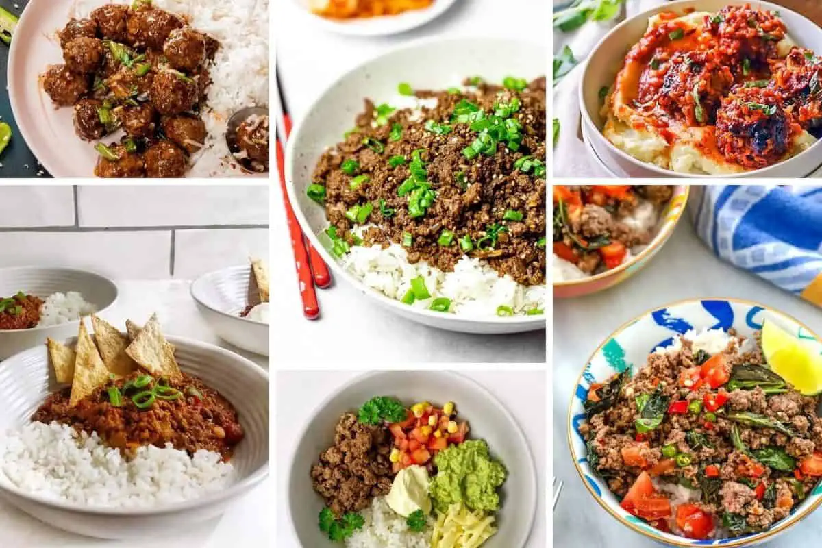 six different recipes with ground beef and rice from meatballs, koren beef, to taco bowls