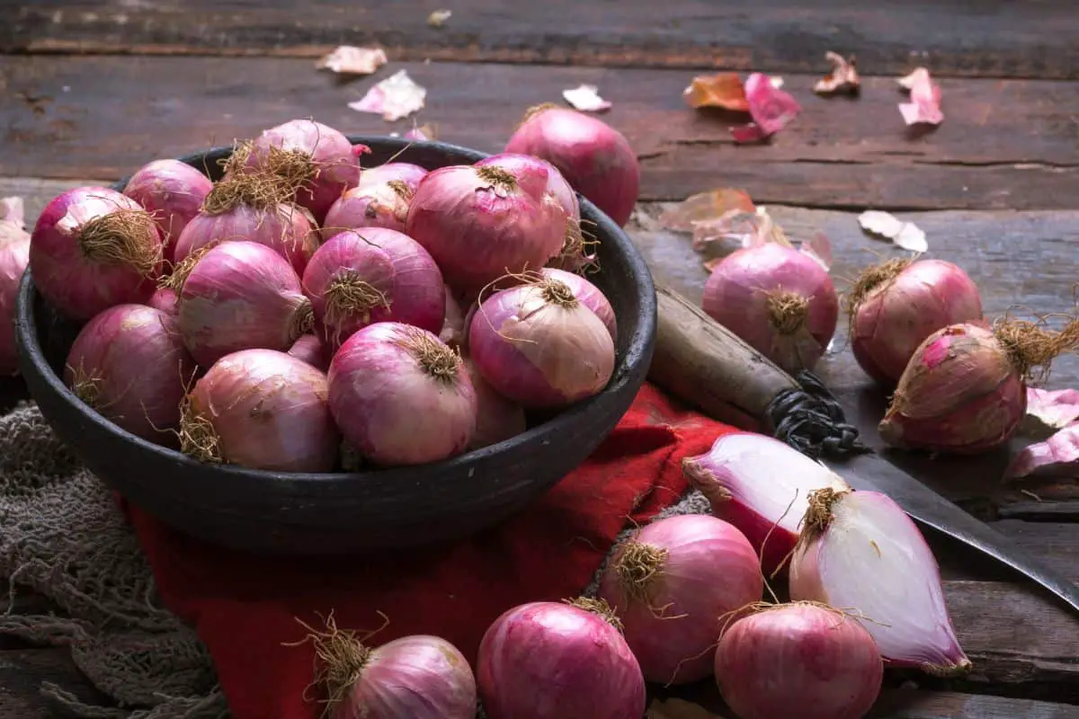A large bowl of red onions sits on a table in representation of the question can you cook with red onions
