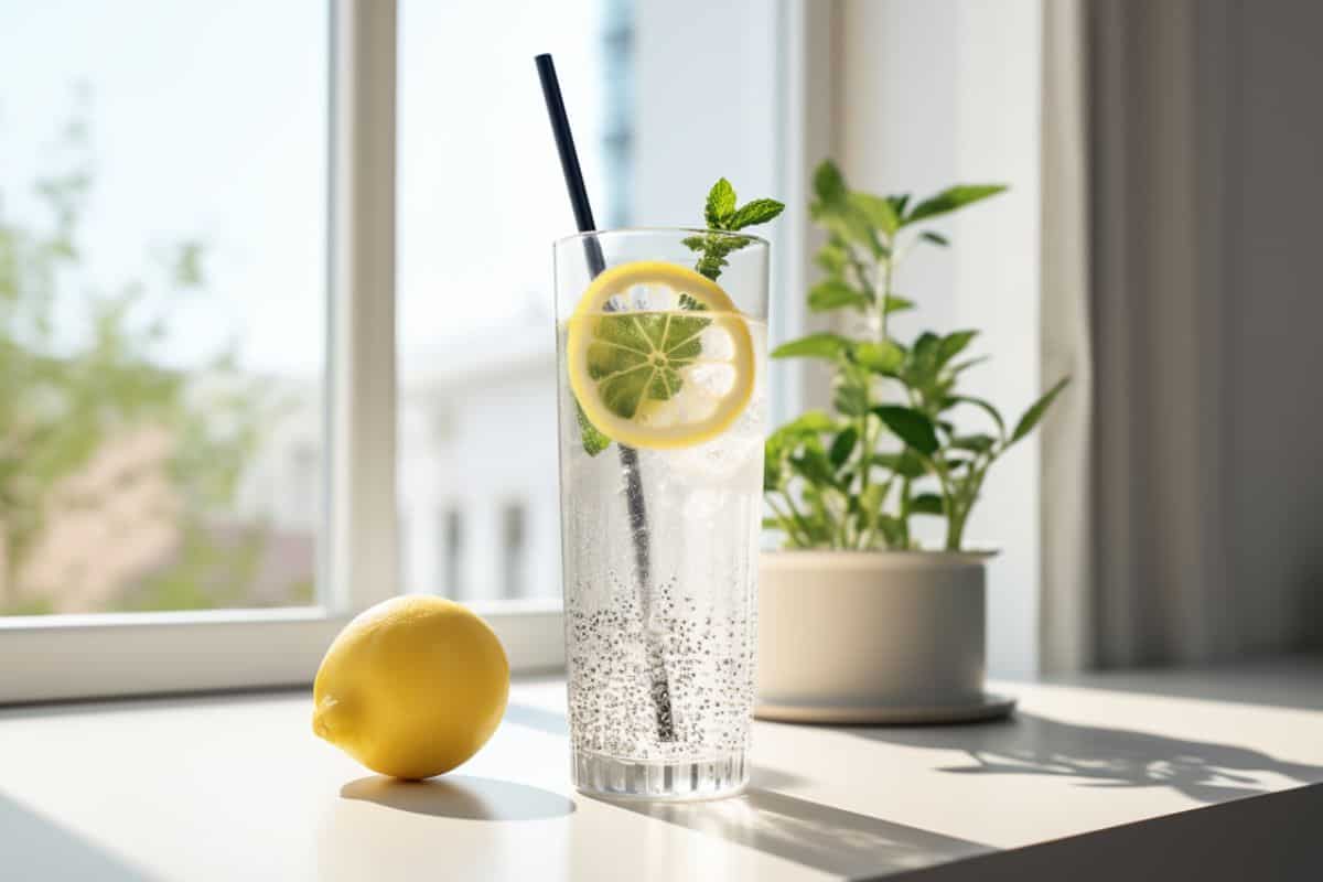A glass of Chia Fresca with a lemon slice, a straw, mint leaves as garnish, and a lemon on the left side