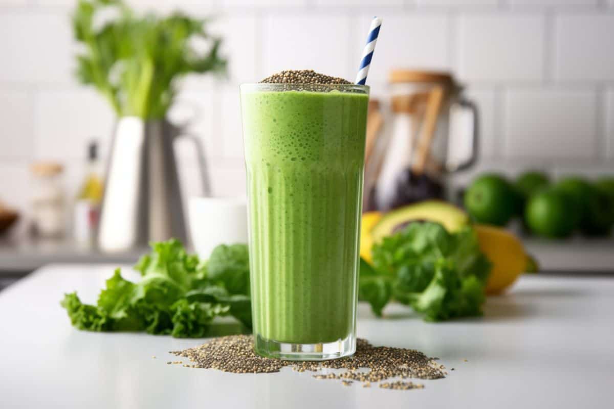 A glass of green chia seed smoothie with a straw and topped with chia seeds placed on a kitchen countertop