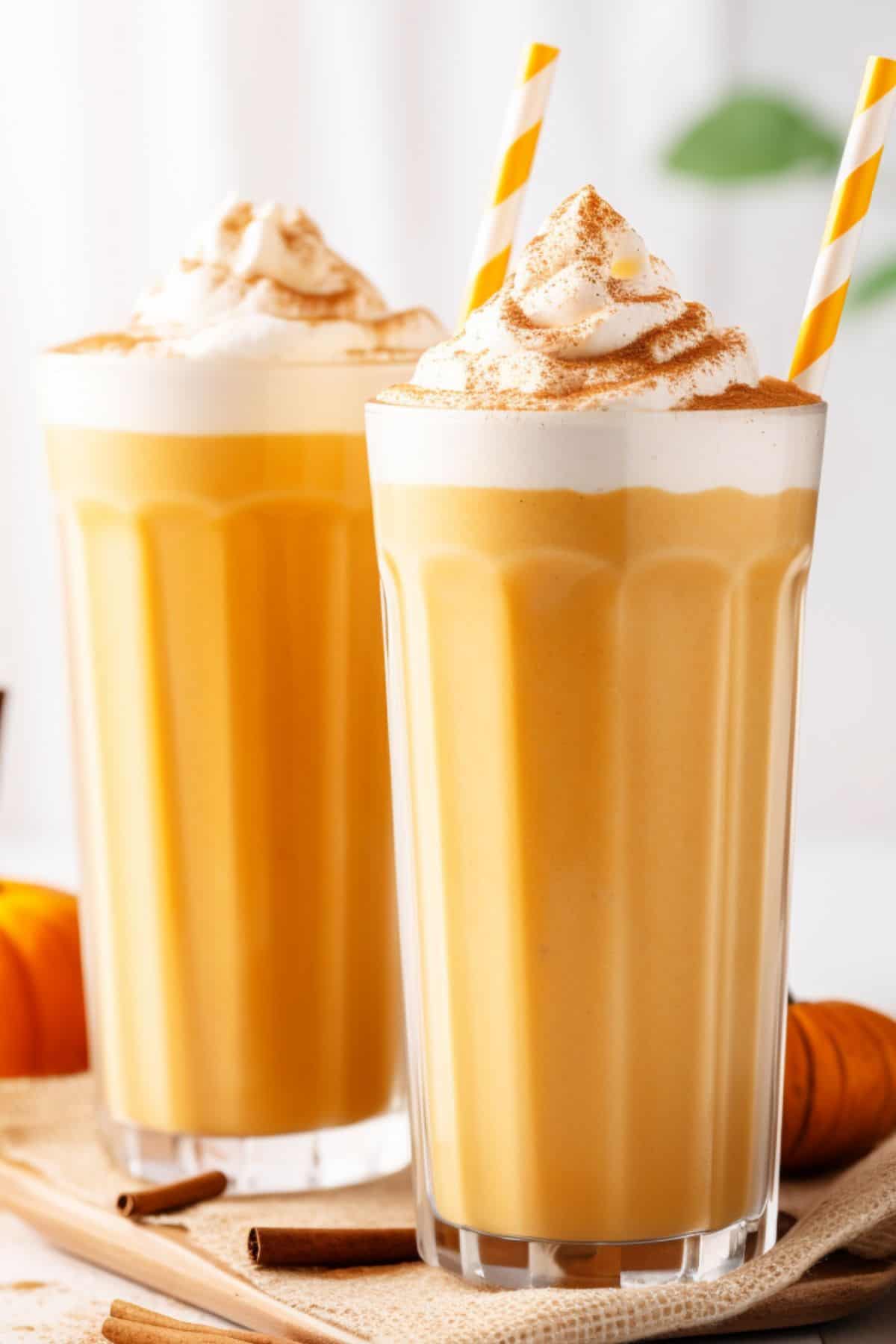 Two pumpkin smoothie glasses with straws and garnished with whipped cream