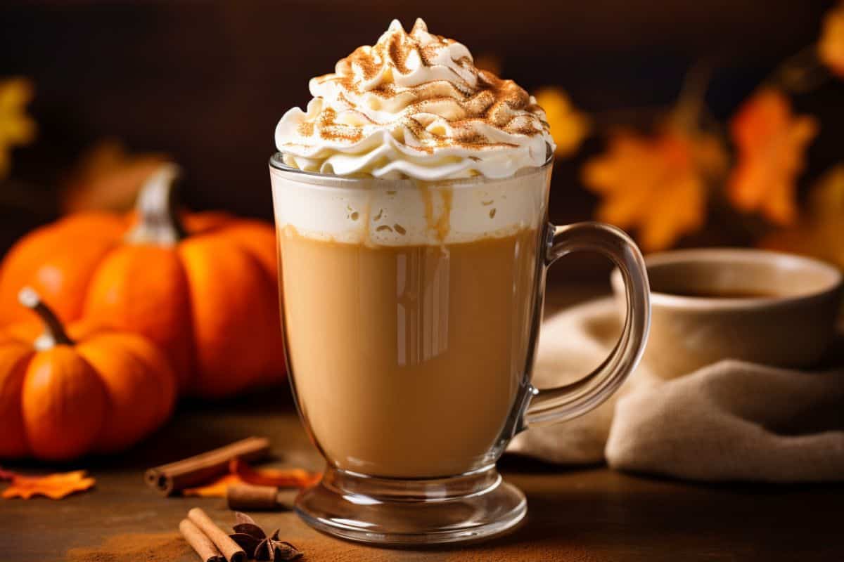 A cup of pumpkin spice latte with autumn leaves and pumpkins in the background