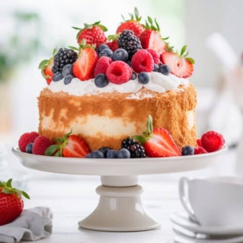 angel food cake topped with whipped cream and berries on a cake stand
