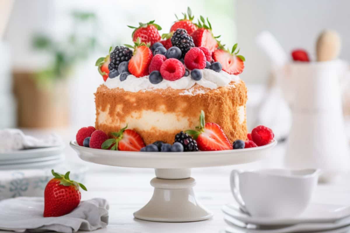 angel food cake topped with whipped cream and berries on a cake stand